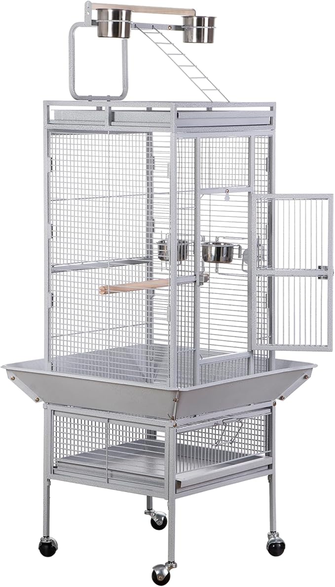 SUPER DEAL PRO 61-inch 2in1 Large Bird Cage with Rolling Stand Playtop Parrot Chinchilla Finch Cage Macaw Conure Cockatiel Cockatoo Pet House Wrought Iron Birdcage, White - Image 8