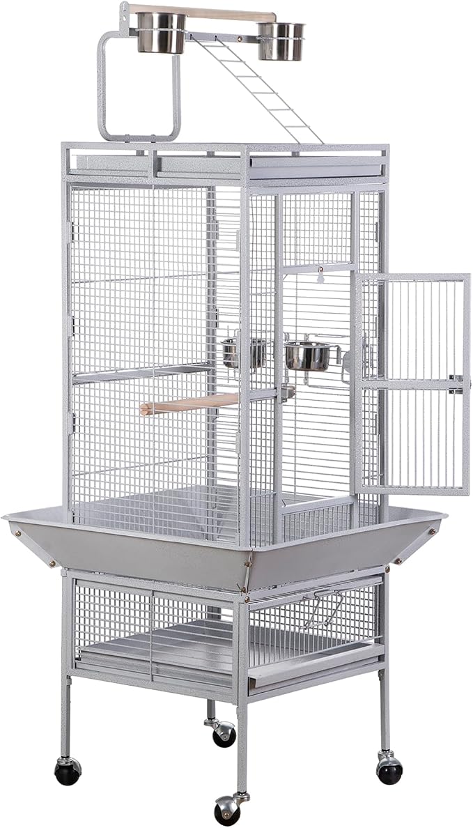 SUPER DEAL PRO 61-inch 2in1 Large Bird Cage with Rolling Stand Playtop Parrot Chinchilla Finch Cage Macaw Conure Cockatiel Cockatoo Pet House Wrought Iron Birdcage, White - Image 8