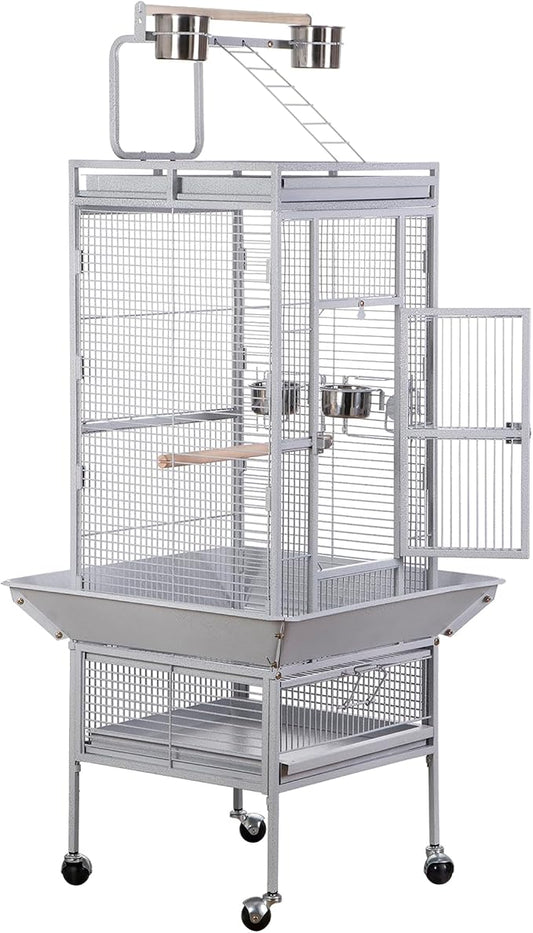 ZENY 61-inch Large Parrot Cockatiel Bird Cages with Wrought Iron Play Top, Aviary with Rolling Stand for Sun Parakeet Quaker Conure Lovebird Budgie Finch African Grey White Birdcage (White) by ZENY