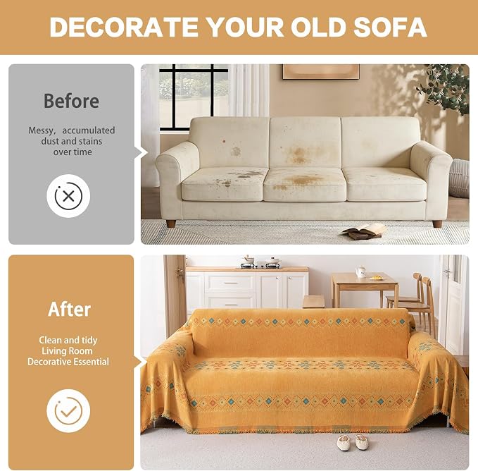 DREAMINGO Orange Boho Sofa Cover Chenille Couch Cover Blanket Vintage Bohemian Sofa Covers for 3 Cushion Couch Geometric Jacquard Sectional Couch Covers for Dogs Washable Futon Slipcover, 71"x150" - Image 4