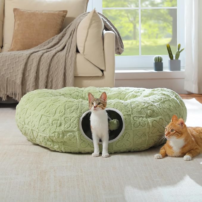 PEQULTI Cat Tunnel with Bed for Indoor Cats, Cat Play Donut Tunnel with Washable Soft Plush Mat, Round Tube Toys Cute Tube for Kittens, Puppies, Rabbits and Ferrets, Green - Image 8