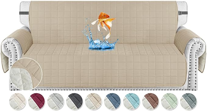MAXIJIN Waterproof Oversized Couch Covers for 3 Cushion Couch, 79" Quilted Sofa Covers Washable Pet Dog Couch Cover Protector with Elastic Strap & Side Pocket (Large Sofa, Khaki) by MAXIJIN