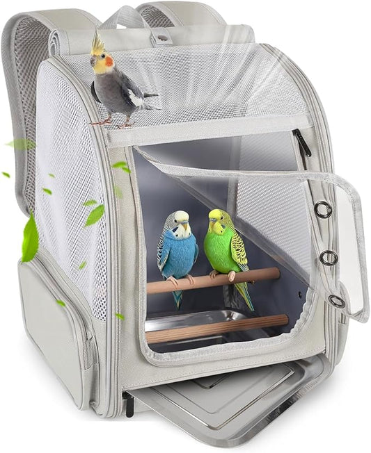 Bird Backpack Carrier with Front Zipper Opening, Portable Bird Travel Carrier Cage with 2 Standing Perches and Metal Tray, Breathable Transport Bag for Parakeet, Budgie, Conure, Cockatiel, Parrot by halinfer