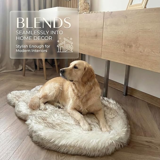 Faux Fur Orthopedic Dog Bed, Memory Foam, White w/Brown Tips 40"x25" | Plush Washable Dog Rug with Waterproof Machine Washable Cover, Calming for Anxious Senior Dogs, Relieves Joints - Image 6