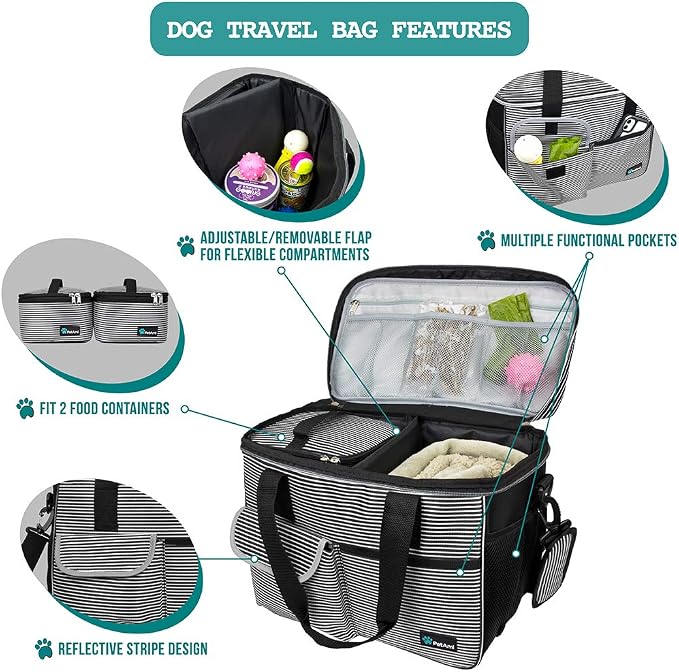 PetAmi Dog Travel Bag Organizer, Pet Travel Kit with 2 Food Containers & 2 Collapsible Dog Bowls, Pet Supplies Tote with Luggage Sleeve, Weekend Road Trip Camping Essentials, Stripe Black, Medium - Image 4