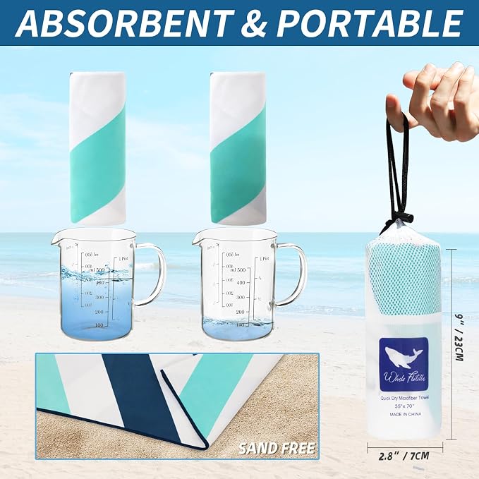 Whale Flotilla Quick Dry Beach Towels Oversized (35"x70"), Microfiber Sand-Free 2 Pack Beach Towel Set, Extra Large Compact Pool Travel Accessories, Aqua and Orange - Image 3