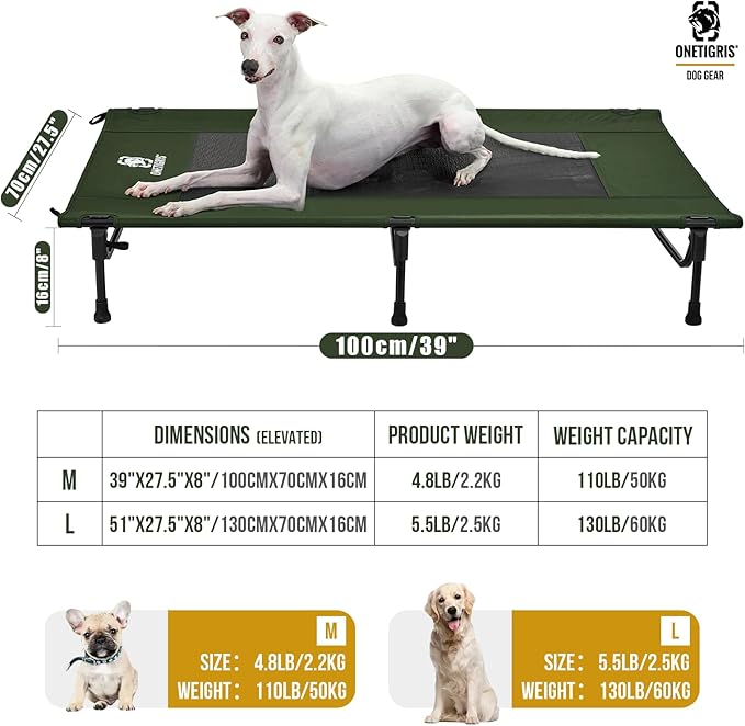 ONETIGRIS Elevated Dog Bed, Outdoor Dog Cod Large Raised Dogs Bed with Chew Proof Mesh, No-Slip Portable Dogs Cot Bed for Indoor & Outdoor Portable (Green, Medium)