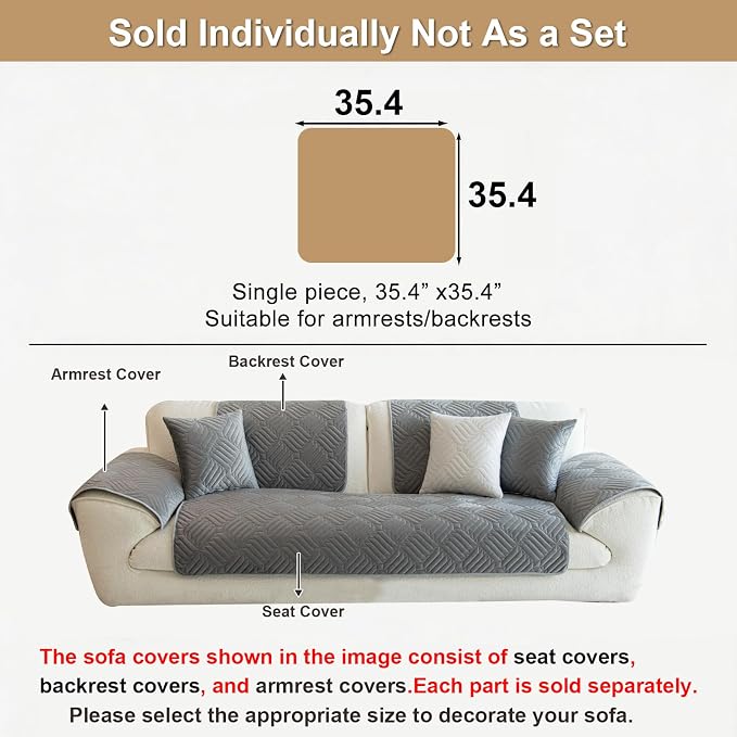 Velvet Couch Arm Rest Covers for Sofa Washable(35.4"x35.4") | Soft Sofa Cover for Armrest, No Shedding Dark Grey Couch Covers, Pet Friendly Non Slip Couch Protector Cover for Dogs - Image 2
