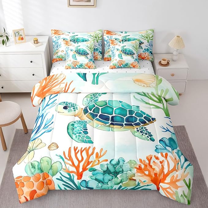 Erosebridal Kids Cute Turtle 7-Piece Bedding Set King Size, Marine Life Tortoise Bed in A Bag, Underwater World Sea Animal Comforter Set with Sheets, Watercolour Coral Bedding Comforter Sets - Image 3