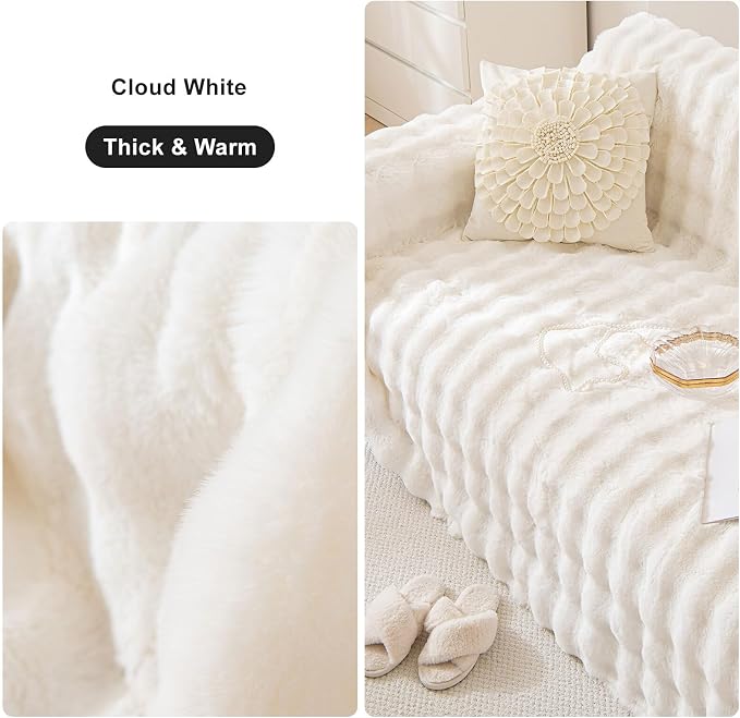 White Faux Rabbit Fur Couch Sofa Cover for 2-3 Seater Couches, XLarge | 1 Piece Fluffy Couch Cover Washable Non-Slip Sofa Slipcover for Dogs Cats Soft Warm Furniture Protector for Home, 71''x134'' - Image 4