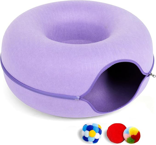 Cat Tunnel Bed for Indoor Cats with 3 Toys, Scratch Resistant Detachable and Washable Large Donut Cat Bed, Available in All Seasons (Purple, L(24x24x11)) by PLIISLUP