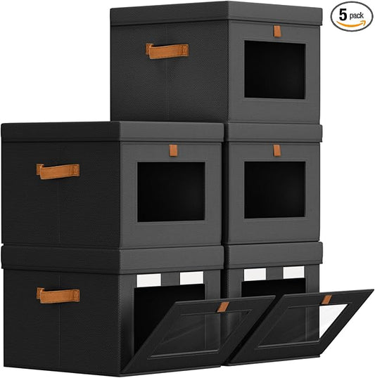Homsorout Storage Bins with Lid – Closet Organizer with Side Opening and Clear Window, Foldable Stackable Fabric Basket for Clothes, Home, Office - 13.77" x 11.8" x 9.8", 5 Pack, Black by Homsorout
