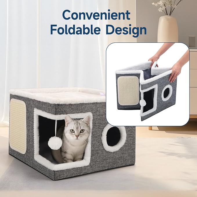Shikha Cat House Bed for Indoor Cats with Fluffy Ball and Scratch Pad Grey | Foldable Large Cat Cave Hideaway with Cozy Condo, Hide and Seek Window, Holds Up to 30LBS, All Season Reversible Cushion - Image 6