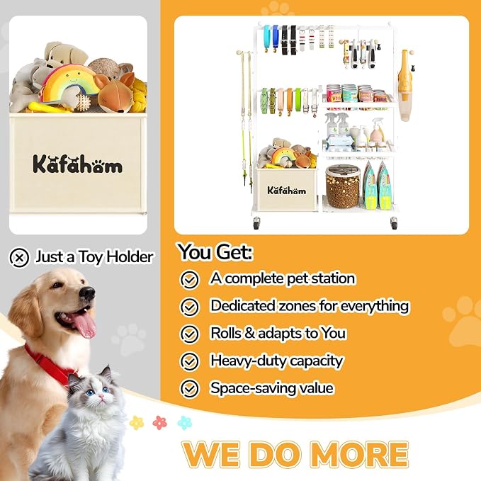KAFAHOM Dog Toy Basket, Basket For Dog Toys Living Room, The Stuff For Dogs, Cat Toy Box, Dog Toy Bin, Toy Chest Storage, All-in-One Pet Supplies Organizer with Leash Hanging Rail and Locking Casters - Image 6