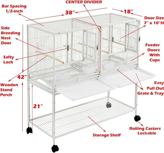 Combo Single Stacker Durable Wrought Iron Center Divided Breeder Breeding Bird Flight Double Rolling Cage for Aviaries Canaries Cockatiels Lovebirds Finches Budgies Small Parrots - Image 2