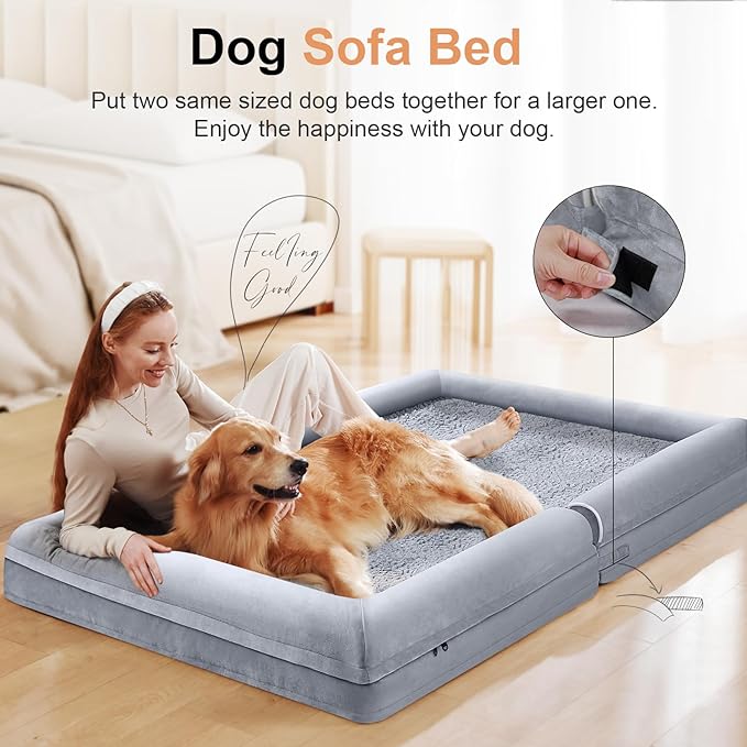 NANUYA Orthopedic Dog Bed for Jumbo Dogs, 48 x 33 Inch, Light Grey | Egg crate foam for joint support, 3-sided bolster pet sofa, waterproof lining, washable cover, and non-skid base - Image 3