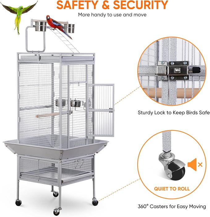 SUPER DEAL PRO 61-inch 2in1 Large Bird Cage with Rolling Stand Playtop Parrot Chinchilla Finch Cage Macaw Conure Cockatiel Cockatoo Pet House Wrought Iron Birdcage, White - Image 4