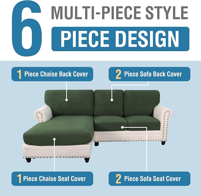 H.VERSAILTEX Sectional Couch Covers 6 Pieces Stretch Sofa Cover for Sectional Sofa Set Separate L Shaped Couch Cover for Both Left/Right Couch (Seat and Back: 1 Chaise + 2 Sofa, Bronze Green) - Image 3