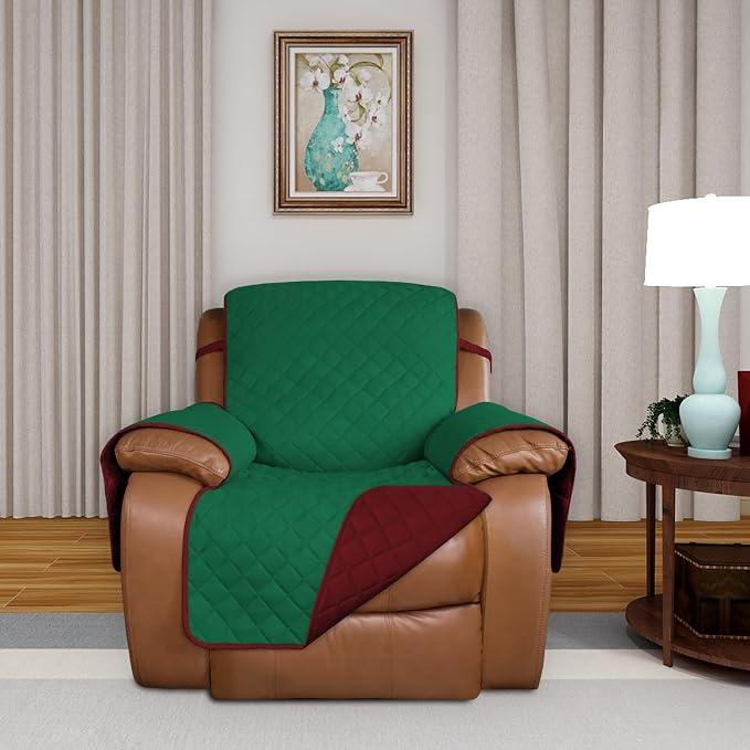 PureFit Reversible Recliner Chair Covers Couch Covers for Dogs, 28 in | Green/Red, Water Resistant Couch Protector, Washable Pet Couch Cover with Non Slip and Elastic Straps For Kids - Image 2