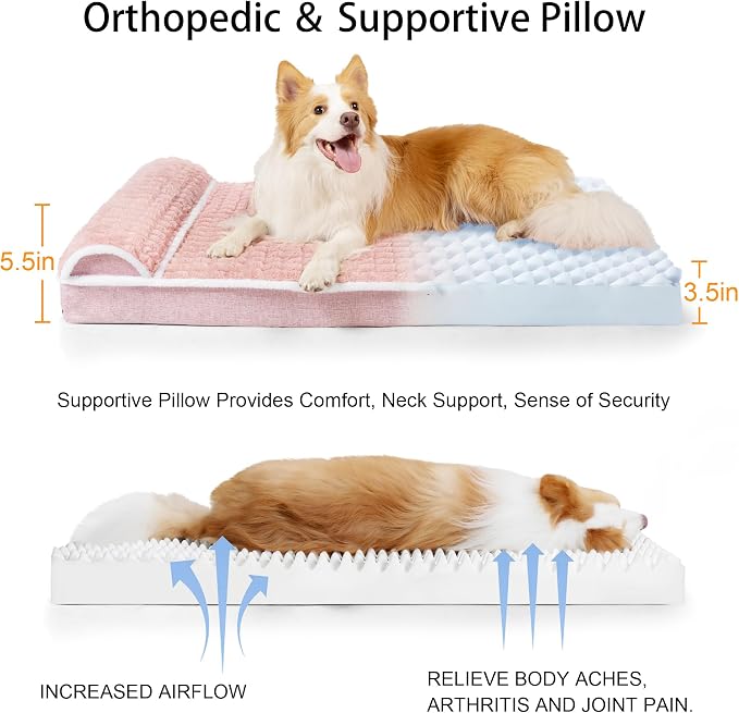 Orthopedic Large Dog Bed Pillow Pet Sofa Bed 42''X28'' Pink | Egg-Crate Foam Pet Couch Large Sized Dog, Waterproof Removable Washable Cover,Furry Puppy Crate Mat With Nonskid Bottom - Image 6