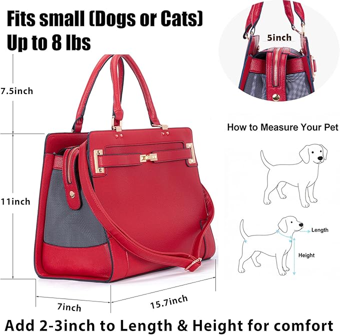 Fashion Pet Carrier Dog Cat Carrier Purse Soft-Sided Leather Handbag Pet Tote Bag for Small Dogs Puppy and Cats TSA Airline Approved (Red)