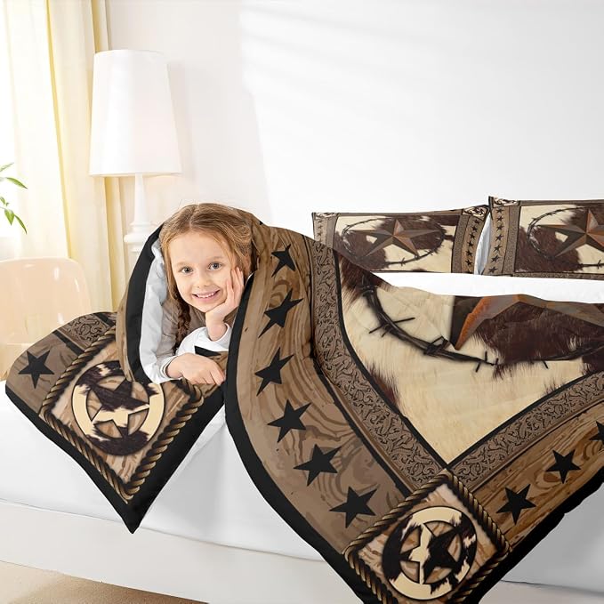 Western Stars Comforter Set Full Size,Cow Fur Texture Print Bedding Set 3pcs for Kids Teens Adults Room Decor,Old Wooden Board Vintage Quilt Set Brown Rustic Duvet Insert with 2 Pillowcases - Image 5