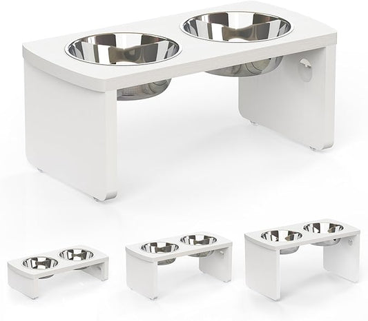 Elevated Dog Bowls, Waterproof Raised Dog Bowl for Medium Dogs, HIPS Poly Lumber Stand with 2 Stainless Steel Bowls, Indoor & Outdoor Use (7'' Tall-40 oz Bowl, White) by JoyoPawFamily