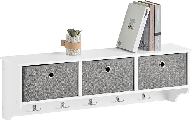 Haotian SoBuy Wall Shelf with Hooks, Coat Rack Wall Mounted with Shelf | Wall Cubby Storage Organizer with 3 open wall cubbies and 5 sturdy hooks, White, FRG282-W by Haotian