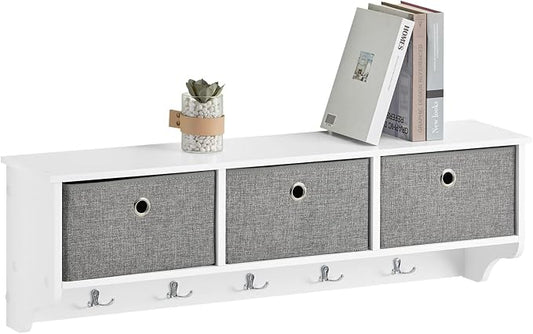 Haotian SoBuy Wall Shelf with Hooks, Coat Rack Wall Mounted with Shelf | Wall Cubby Storage Organizer with 3 open wall cubbies and 5 sturdy hooks, White, FRG282-W by Haotian