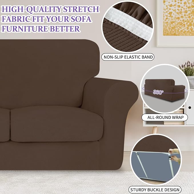 ZNSAYOTX 3 Piece Stretch Sofa Covers (71"-91") for 2 XL Cushion Couch, Thick Striped Sofa Cover with Elastic Band Bottom Ties Non-Slip Stay in Place, Soft Durable Couch Slipcovers, Coffee - Image 5