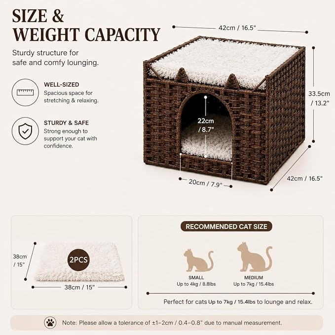 Cat Bed with Ears - Handwoven Rattan Cat Cave House for Indoor Kittens, Foldable Hideaway with 2 Removable Cushions, 16.5x16.5x13.2 Inch Natural Pet Cube for Living Room/Bedroom Brown - Image 5