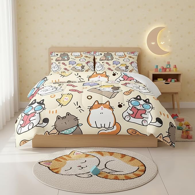 QOOMO Kawaii Cat Comforter Queen,Kawaii Animals Comforter Set for Kids Teens Girls,3Pcs Bedding Set Printed Comforter with 2 Pillowcases,Down Alternative,Soft and Lightweight，Queen Size by QOOMOHOME