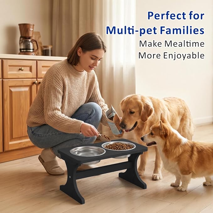 Raised Dog Bowl Stand for Medium Breed, Feeding Station with 35 oz 2 Stainless Steel Bowls & Licking Plate,Dog Food Bowl Black - Image 6