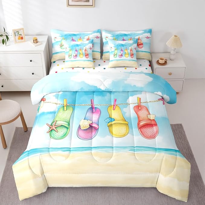 Erosebridal Summer Beach 7 Pieces Bedding Set Twin, Colorful Flip-Flop Bed in A Bag, Summer Seaside Hawaii Comforter Set with Sheets, Watercolor Sea Waves Bed Sets for Kids Boys Girls Teens Adults - Image 3
