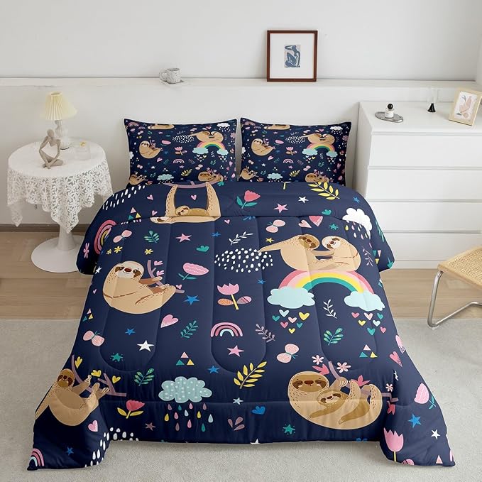 Homewish Cute Brown Sloth Comforter Set King Size, Cartoon Animal & Flowers Rainbow Print Bedding Set for Kids Girls Boys Teens, Watercolor Quilted Duvet with 2 Pillowcases Decor Bedroom, Dark Blue by Homewish