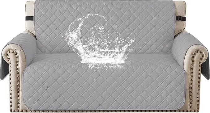 Waterproof Loveseat Covers for 2 Cushion Couch, Sofa Covers for Pets Washable with Side Pockets, Non Slip Couch Covers for Dogs, Dog Couch Cover with Elastic Straps (Loveseat, Light Grey) by CYCMACOHOME
