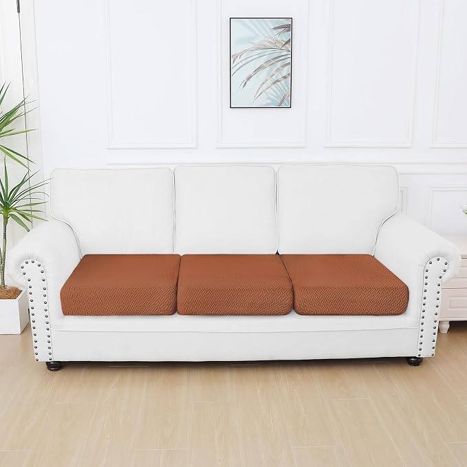 Smiry Waterproof Couch Cushion Covers, Non Slip Seat Cushion Covers | Stretch Jacquard Sectional Sofa Slipcover, Washable Elastic Furniture Protector for Pets, Kid, 3 Pieces, Rust - Image 5