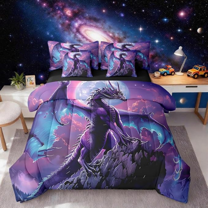 Erosebridal Dragon King Bedding Set - Purple Galaxy Bed in A Bag,3D Dragon Comforter Sets with Sheets, Jungle Wildlife 7 Pieces Bed Set Bedroom Decor by Erosebridal
