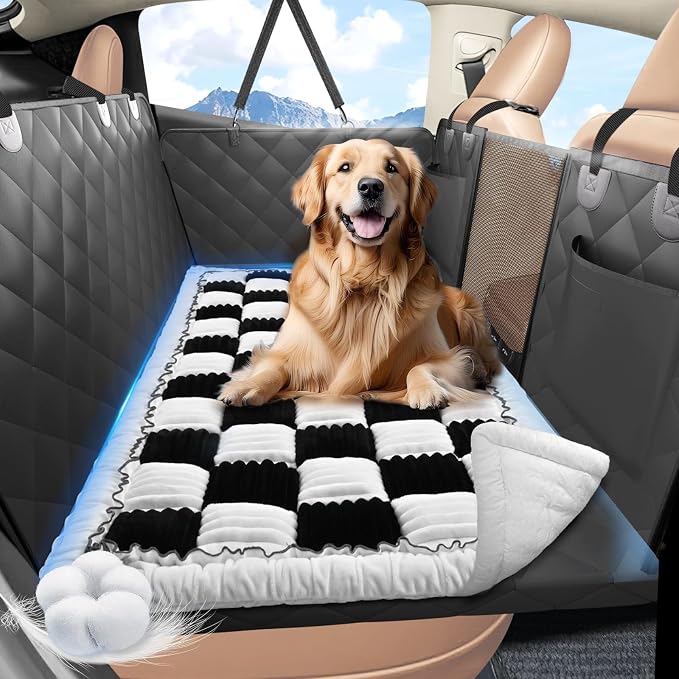 Dog Bed for Car Back Seat, Non-Slip Backseat Pet Mat Standard | Soft Blanket for Travel, Plaid Flannel, Quilted PP Cotton Filling, Non-Slip Backing, Machine Washable, Fit Backseat Extenders by ROUWINNE
