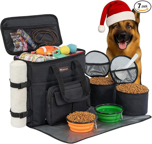 Modoker Dog Travel Bag with 2 Collapsible Dog Bowls, 1 Dog Backpack, Airline Approved Pet Travel BagOrganizer for Supplies & Accessories, 2 Travel Dog Food Container, Black | Dog travel accessories set with feeding supplies, bowls, mat, and strap. Idea... by Modoker