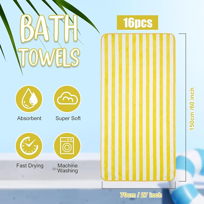 SmoothNovelty 16 Pack Microfiber Bath Towels Bulk 27'' x 60'' Oversized Size Bath Towel Highly Absorbent Extra Large Soft Drying for Beach Shower Summer Salon Sport Gym Party (Stripe,Yellow) - Image 2