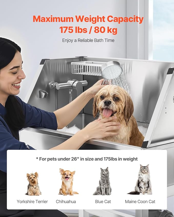 VEVOR Professional Dog Washing Station, 34 Inch Stainless Steel Pet Grooming Tub with Hot & Cold Faucet, Showerhead, Storage Rack, No-Bend All-in-One Bathtub, Home Wash Sink, Fits Small Cats and Dogs - Image 4