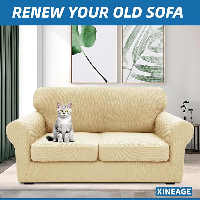 XINEAGE 2026 New 3 Pieces Couch Covers for 2 Cushion Sofa Super Stretch Loveseat Slipcover Pet Dog Universal Slip Cover Anti Slip Love Seat Furniture Protector (Beige, 55"-69") - Image 4