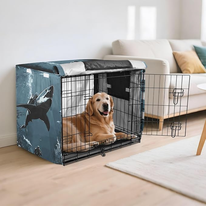 Dog Crate Cover Kennel Cover for Dog Cages Breathable for Wire Cage Indoor Outdoor Shark Scuba Diver Sea Ocean Blue - Image 6