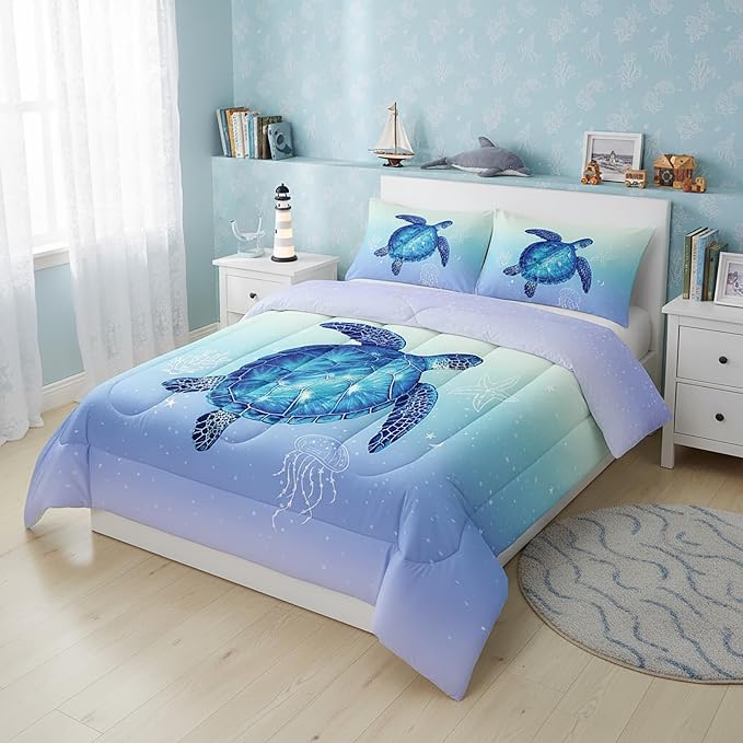 QOOMO Turtle Comforter Twin Size, Ocean Bedding Set for Kids Teens Girls Boys, 3Pcs Printed Comforter with 2 Pillowcases, Down Alternative, Soft and Lightweight (Blue, Twin Size) - Image 3