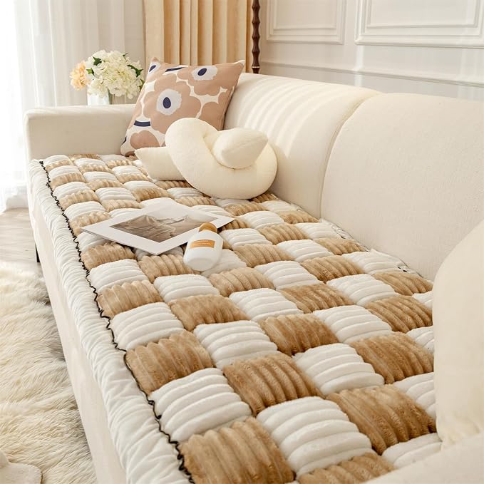 Fuzzy Couch Cover for Dog, Modern White Khaki Checkered Couch Cushion Cover | Non Slip Couch Cover for 2 Cushion Couch Sofa Pet Friendly, Washable Sofa Cover Durable Anti-pilling Furniture Protector - Image 8