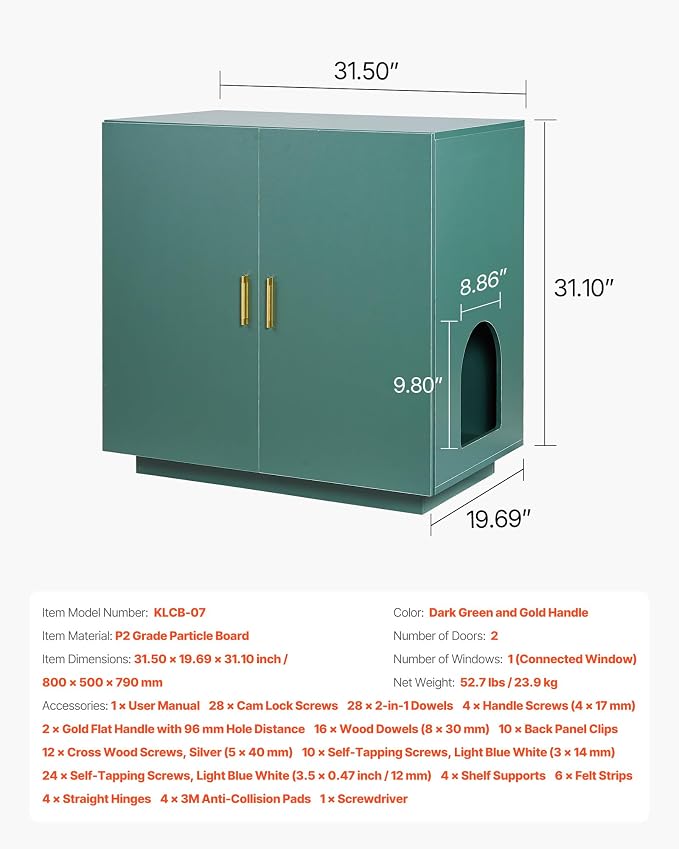 VEVOR Cat Litter Box Enclosure, 31.5 in Hidden Litter Box Cabinet, Wooden Indoor Cat Washroom with Ventilated Holes, Double-Door Kitty Pet House Furniture, End Side Table Fit Most Litterboxes - Image 7