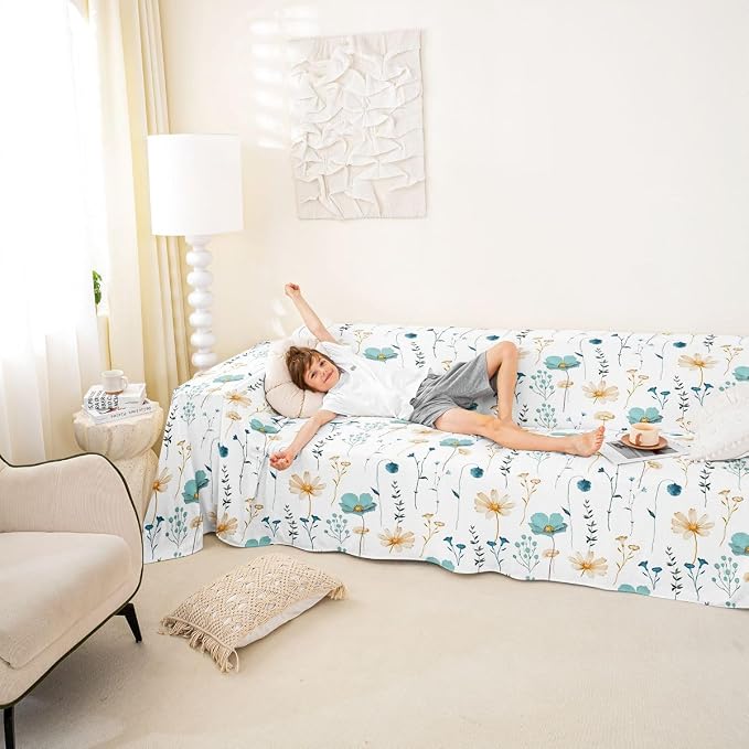 Erosebridal Watercolor Floral Couch Cover Teal Beige Flower Sofa Cover 91" X 150" Modern Minimalist White Couch Protector for Sectional Sofasrustic Farmhouse Washable Non Slip Sofa Protector - Image 3