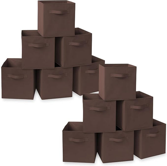 Casafield Set of 12 Collapsible Fabric Cube Storage Bins, Brown - 11" Foldable Cloth Baskets for Shelves, Cubby Organizers & More by Casafield