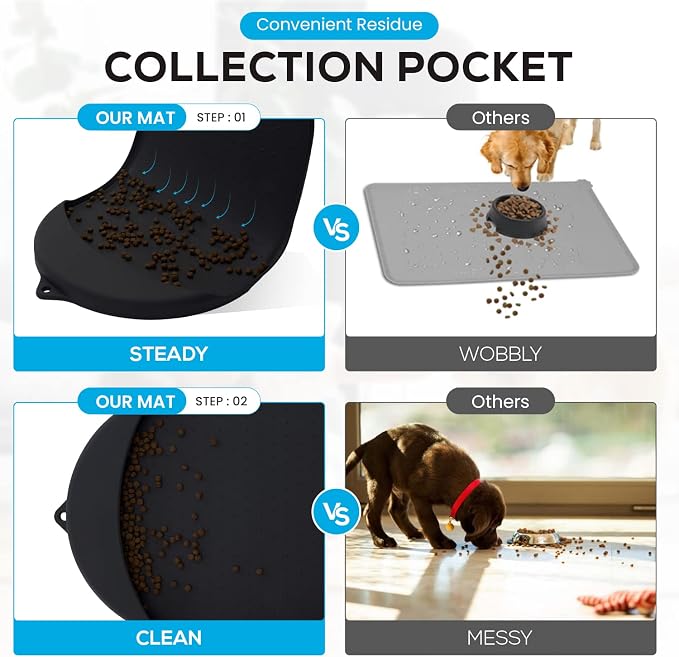 Dog Food Mat - 32” x 19” Pet Feeding Mat with Residue Collection Pocket - Large Silicone Dog Mat for Food and Water - Waterproof Dog and Cat Bowl Mat, High Edges to Prevent Spills, Black - Image 3